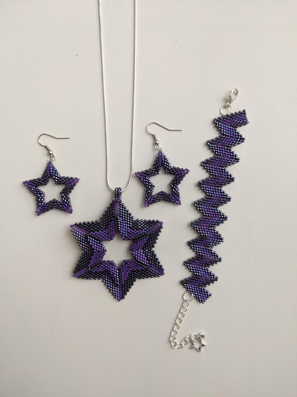 Purple Star Beaded Necklace and Earring Set